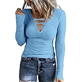 HERILIOS Women Casual Long Sleeve Tunic Tops V-Neck T Shirts Criss Cross Ribbed Casual Tee Slim Fitted Fall Blouse