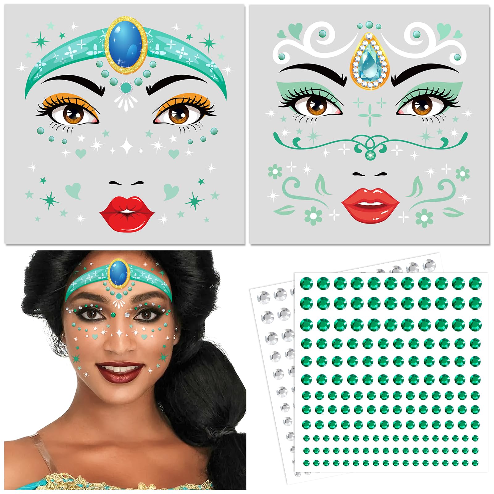 DPKOW Princess Jasmine Face Tattoos & Gems for Girls & Women, Halloween Cosplay & Fancy Dress Accessories