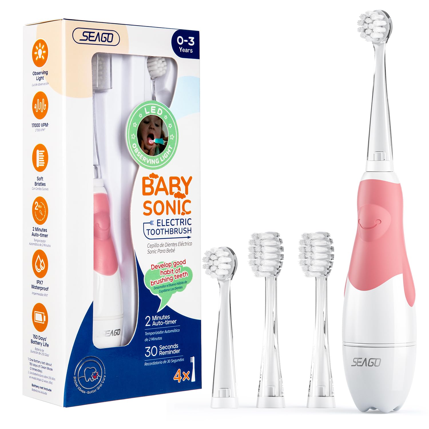 SEAGO Toddler Electric Toothbrushes for Baby Ages 0-3 Years, Baby Toothbrush with Smart Timer, 4 Replacement Brush Heads SG-513(Pink)