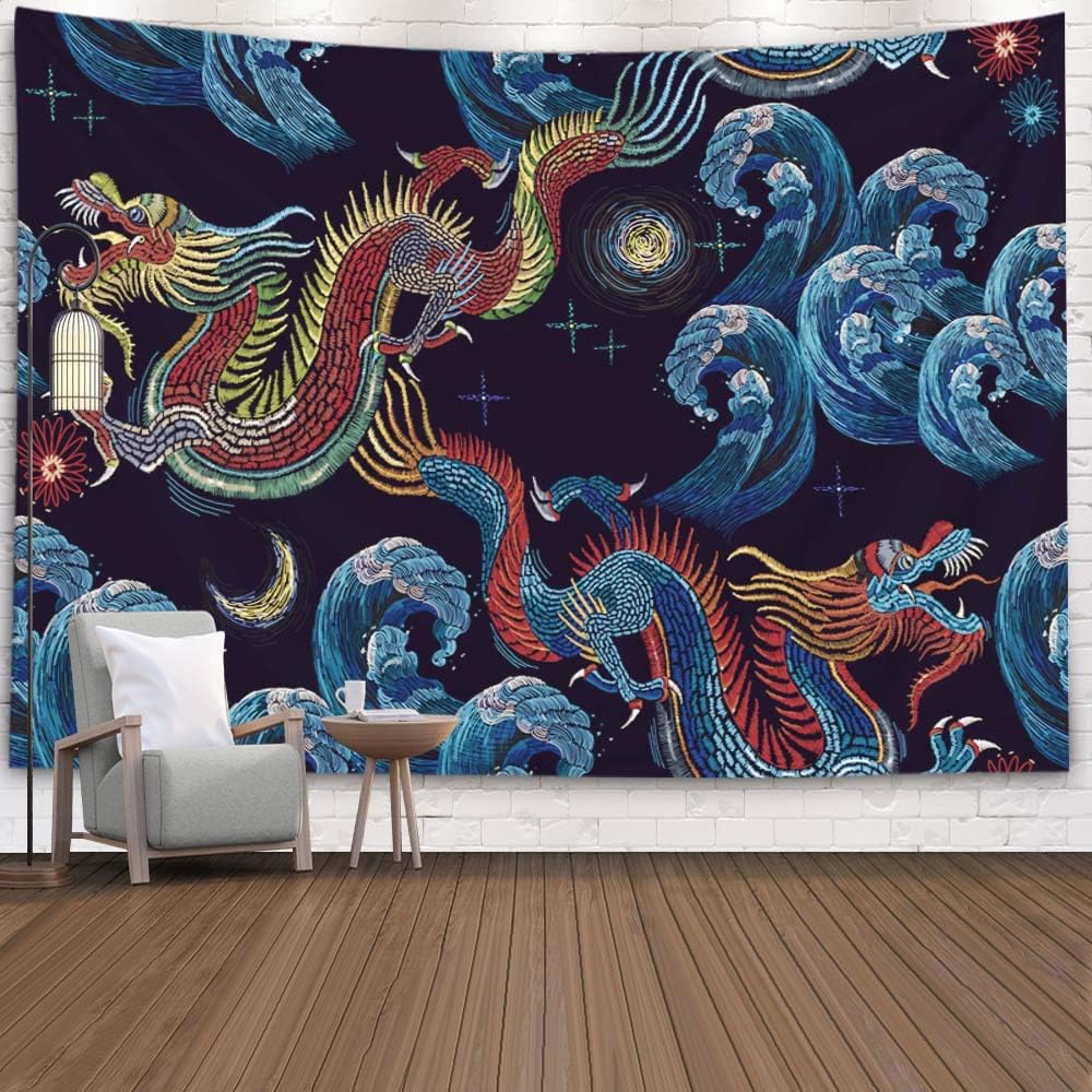 Asdecmoly Psychedelic Tapestry Printing Wall Hanging Tapestries for Living Room and Bedroom 60 Lx50 W Inches Classical Embroidery Asian Sea Dragons Pattern Clothes Textile Art Printing Inhouse
