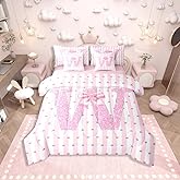 Erosebridal Pink Bow 7 Pcs Bedding Set Alphabet W Girls Bed in A Bag Queen Sizebowknot Glitter Comforter Set with Sheets for Kids Teens Bedroom Decor Dreamy Princess Bed Sets