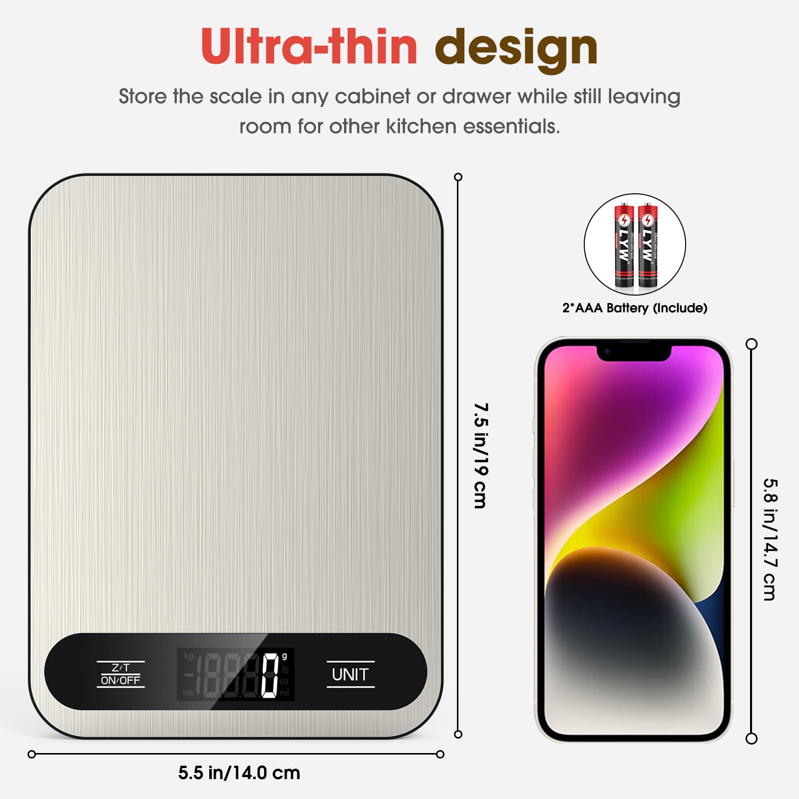 Mik-Nana Food Scale, 22lb Digital Kitchen Scale with 6 Units Tare Function & LCD Display, Stainless Steel Weight Grams and Ounces for Baking, Cooking and Meal Prep (Batteries Included)