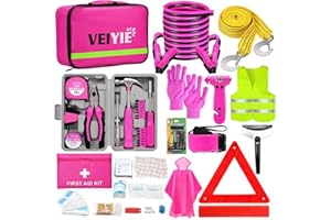 VEIYIE Roadside Emergency Car Kit for Vehicles, Pink Car First Aid Kit Emergency Kit with Jumper Cables, Car Safety Kits, Tow Strap, Tool Kit, Road Trip Assistance for Men, Women, New Driver Gifts