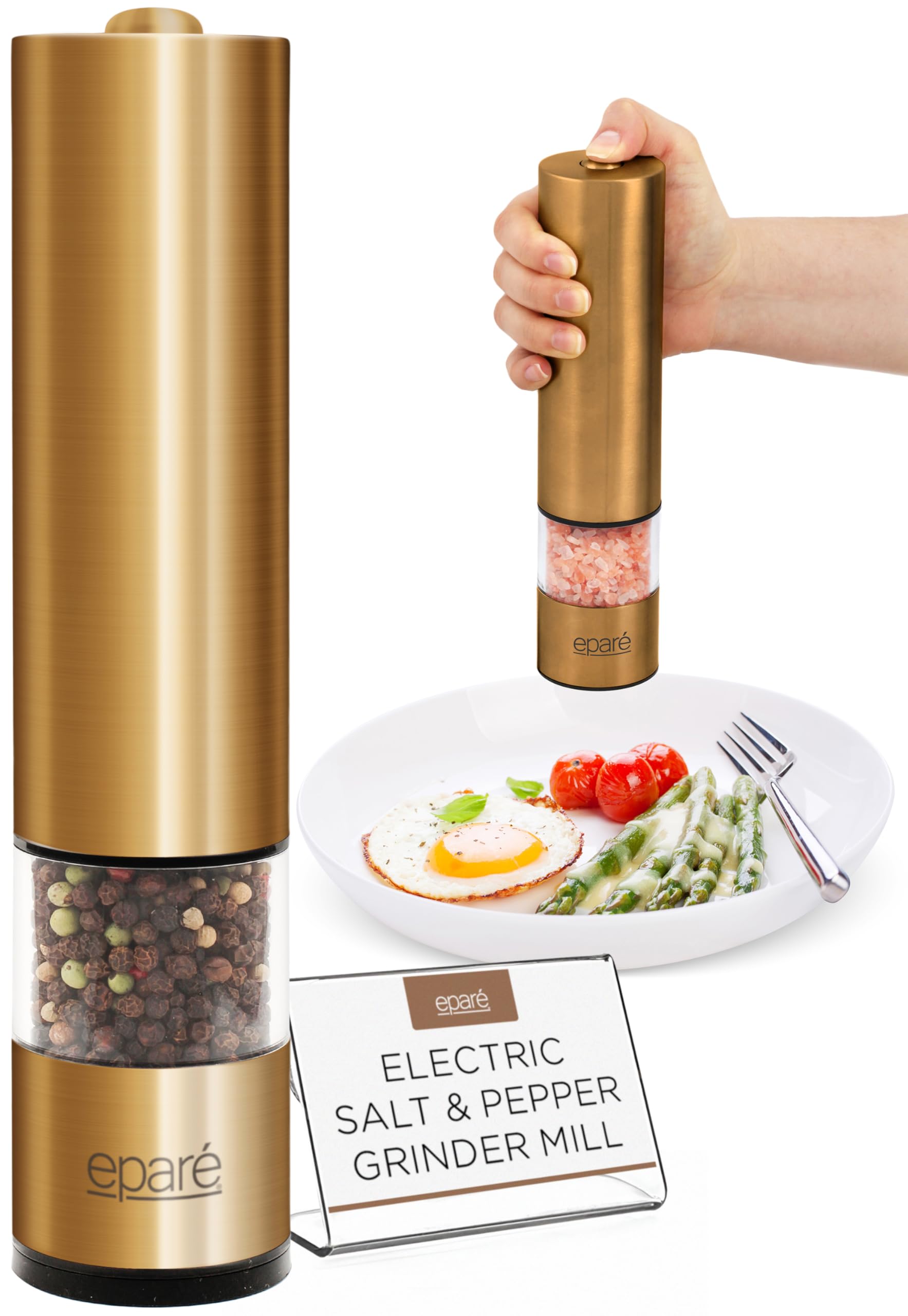Photo 1 of Eparé Brass Salt and Pepper Mill - Battery Operated Gold Pepper Grinder with Ceramic Burr - Automatic Steel Peppermills With LED Light - Gold or Brass Color