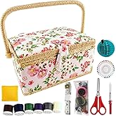 NROZIET Sewing Basket for Sewing Supplies, Wooden Sewing Kit Storage Box with Accessories, Vintage Sewing Kits Carrying Organizer with Handle for Embroidery, DIY Supplies, Beginner, Professional