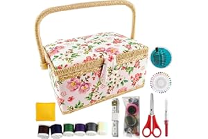 NROZIET Sewing Basket for Sewing Supplies, Wooden Sewing Kit Storage Box with Accessories, Vintage Sewing Kits Carrying Organizer with Handle for Embroidery, DIY Supplies, Beginner, Professional