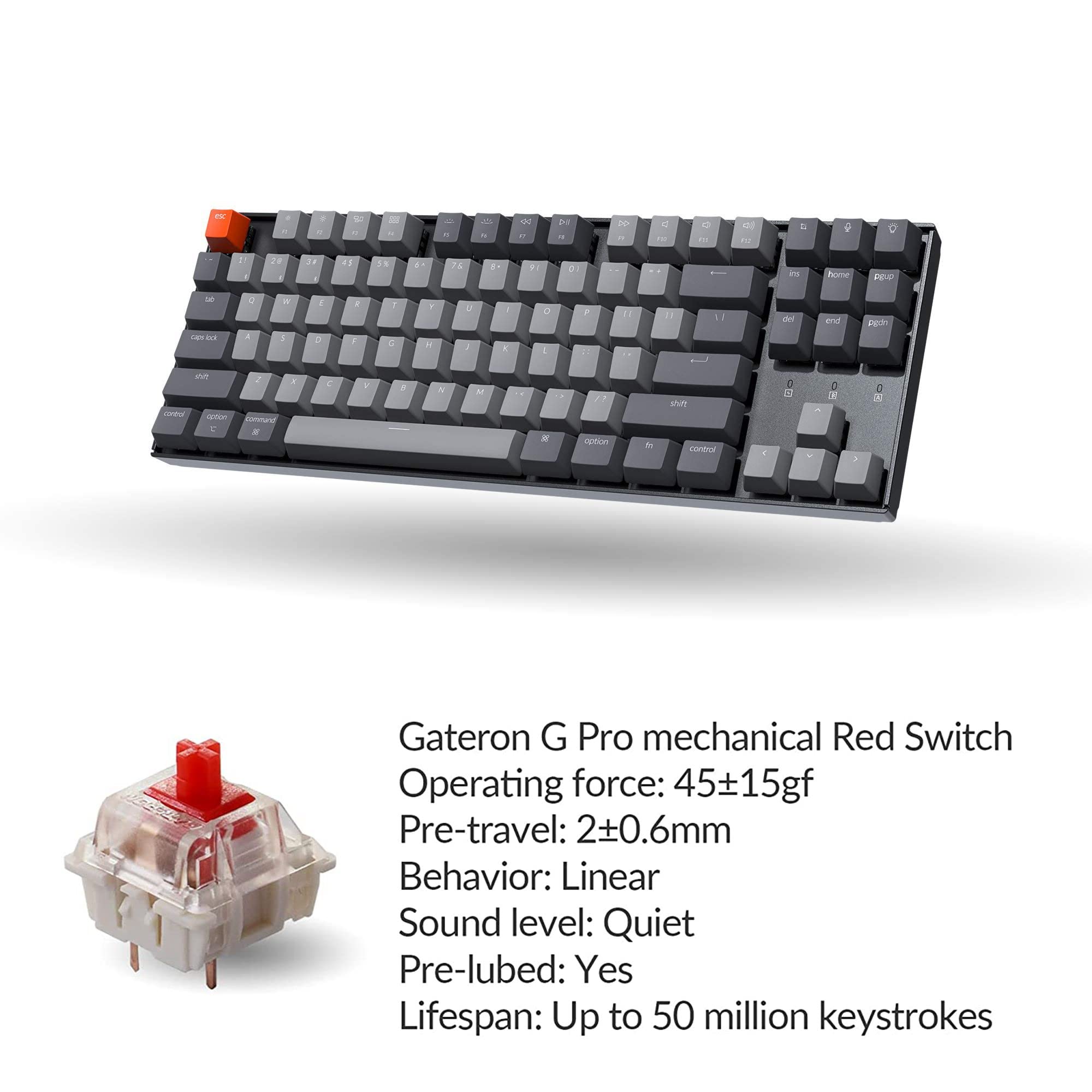 Keychron K8 87 Keys Wireless Mechanical Keyboard, 80% Layout Bluetooth TKL Tenkeyless RGB Backlight with Gateron G Pro Red Switch Aluminum Frame USB-C Wired Gaming Keyboard for Mac Windows