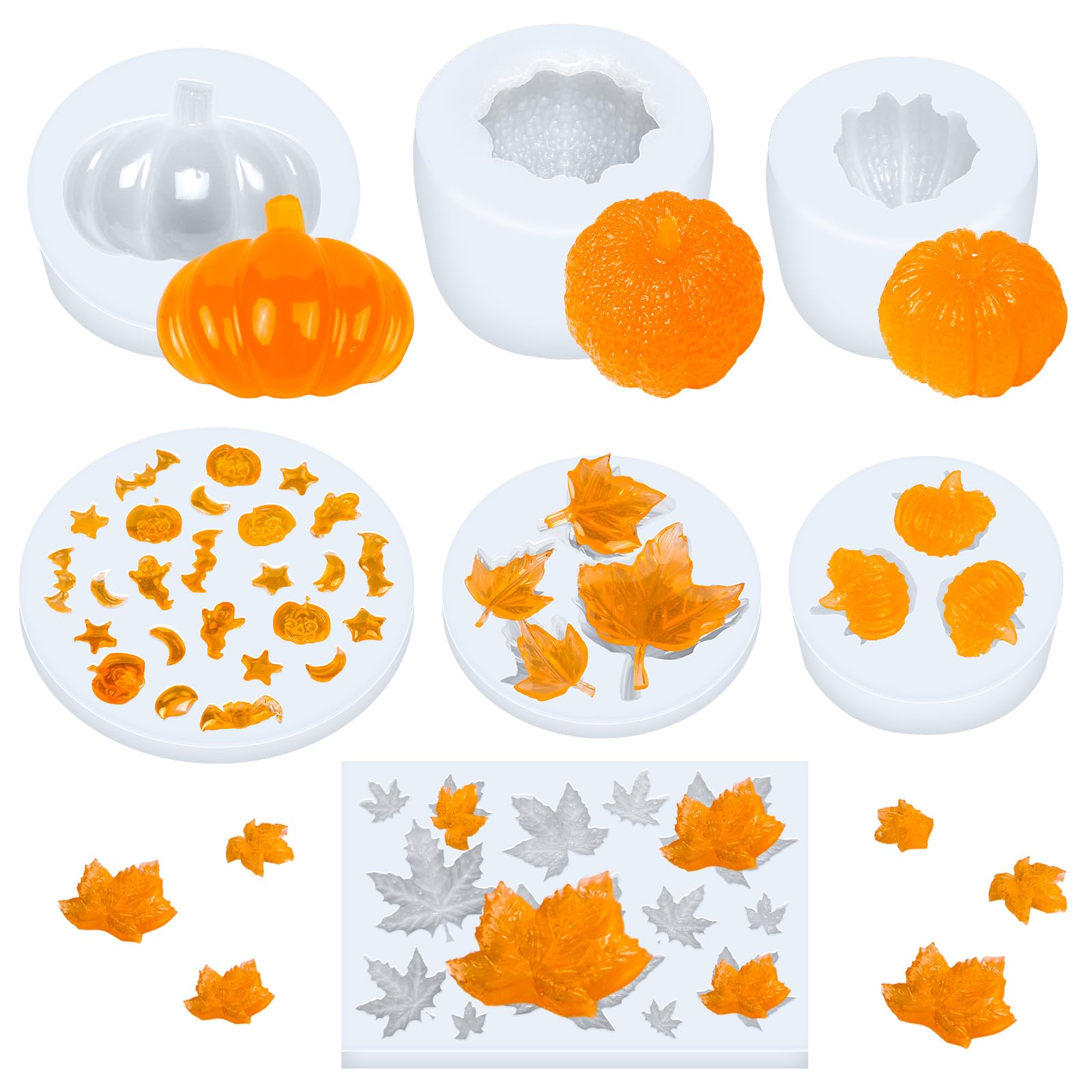 Photo 1 of ***PARTIAL SET/ MISSING PIECES*** 7 Pcs Halloween Silicone Molds, Halloween Pumpkin Candle Molds, Thanksgiving Maple Leaf Chocolate Mold for DIY Cake, Chocolate, Candy, Jelly, Wax Melt, Ice Cubes (Pumpkin & Maple Leaf)