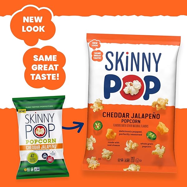 SKINNYPOP POPCORN, CHEDDAR JALAPEÑO, MADE WITH REAL CHEESE, WHOLE GRAIN SNACK, 4.4OZ BAG