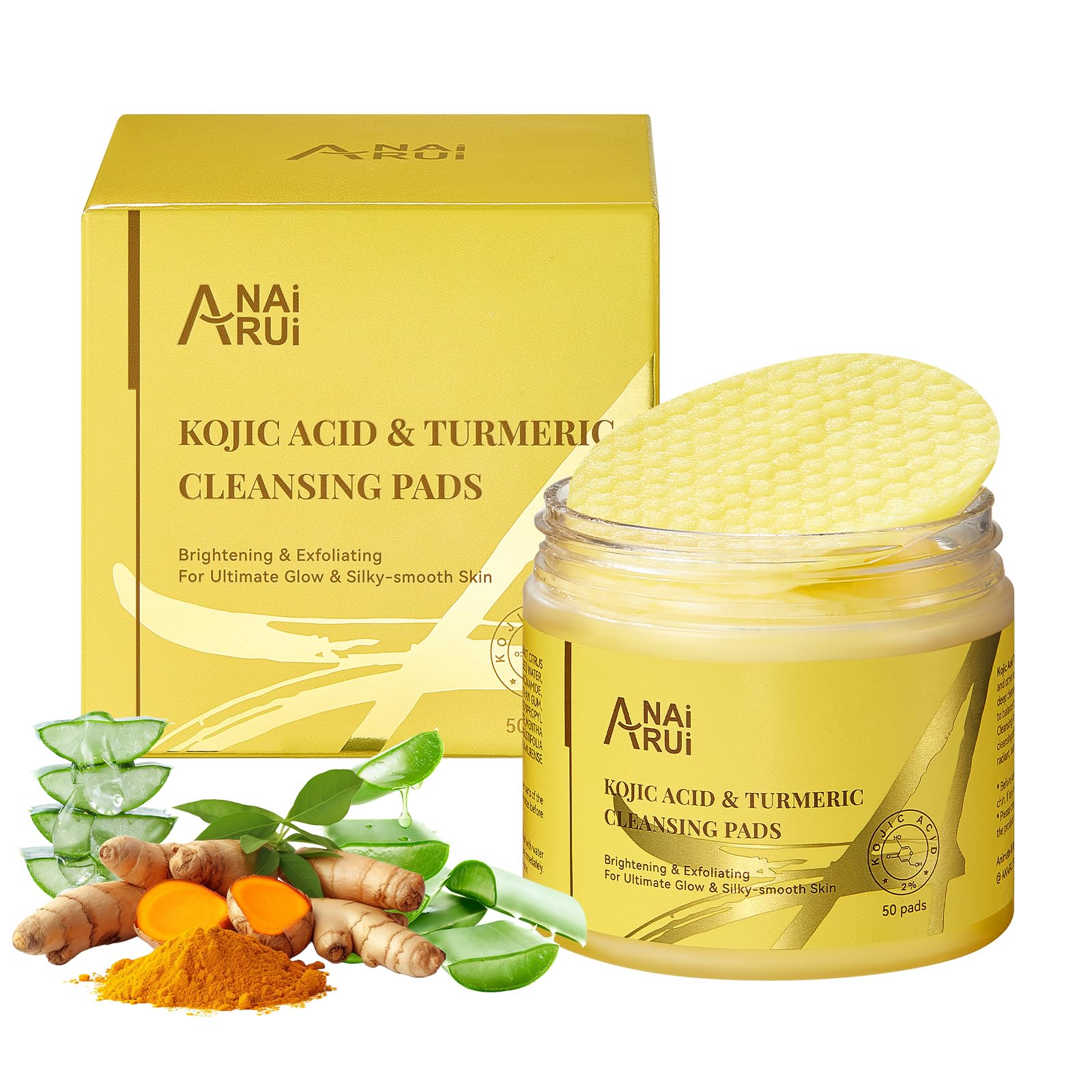 ANAiRUi Kojic Acid and Turmeric Face Cleansing Pads, Resurfacing Turmeric Cleansing Pads for Exfoliating, Deep Clean, Dark Spot, Oil Control, Smooth Skin, Daily Skincare, 50 Pieces
