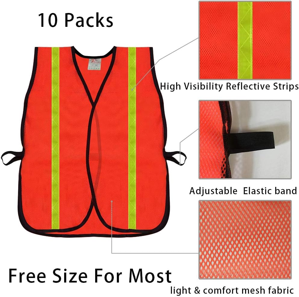 High Visibility Safety Vests 10 Packs, Adjustable Size, Lightweight Mesh Fabric, Wholesale Reflective Vest for Outdoor Works, Cycling, Jogging, Walking, Sports - Fits for Men Women ( Neon Orange) - - 