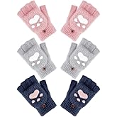 Bencailor 3 Pair Kids Fingerless Winter Gloves Convertible Flip Top Gloves Cat Paw Mitten for Girl Toddler Youth Teenagers