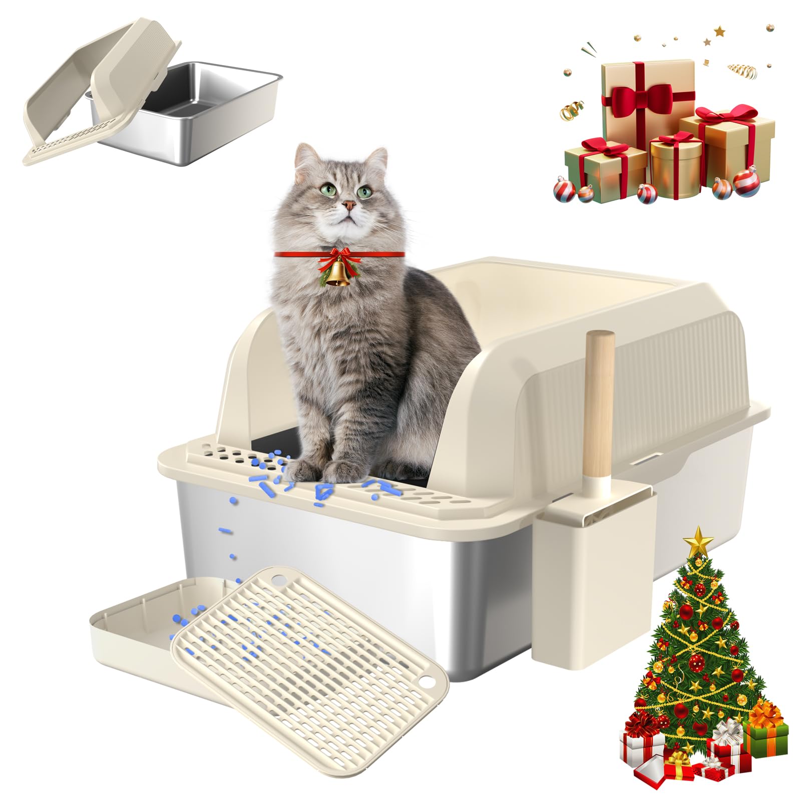 Photo 1 of Stainless Steel Litter Box with Lid, Metal Cat Litter Box, Enclosed Extra Large Kitty Litter Box High Wall, Jumbo Cat Litter Box with Odorless, Non-Sticky, Anti-Leakage (XL Yellow)