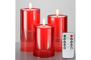 NURADA Flameless Candles with Remote Timer - Glass Real Wax 3D Wick LED Pillar Votive Candle Set Battery Operated Flickering Light for Christmas Home Wedding Party Decoration -Red 3 Pack