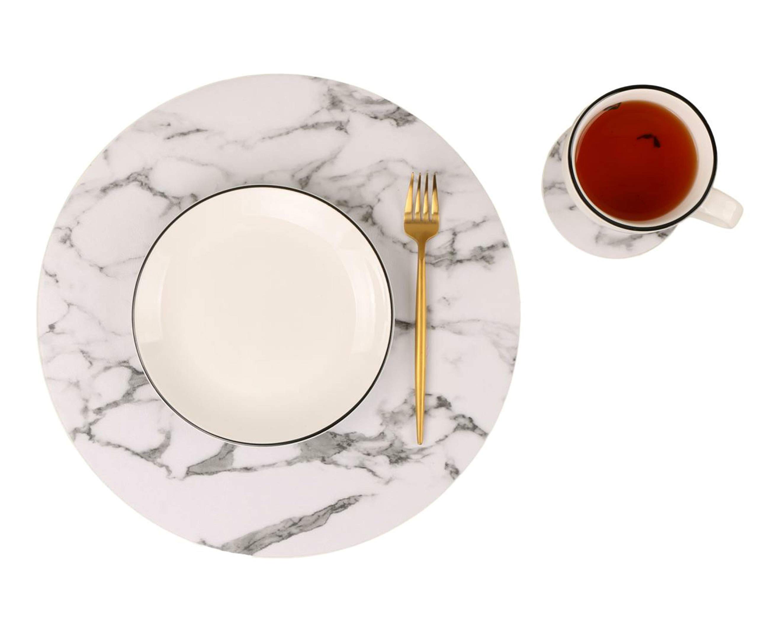 Sot of 8 Marble Round Placemats and Coasters, Faux Leather Waterproof Table Mats, Easy to Wipe Off for Kitchen Dining Round Table