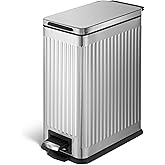 Home Zone Living 3 Gallon Small Trash Can with a Step Pedal Lid | Stainless Steel with Slim Fit Design, Soft-Close Lid for Offices, Bathrooms, Bedrooms and Dorms, Reeded Style Finish, Silver