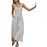 CUPSHE Maxi Jumpsuit for Women Striped Sleeveless Smocked Cutout Back Wide Leg Summer Casual Overall Romper
