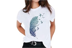 ATTINE Plus Size Tops for Women, Womens fether Pattern Print Solid Color Shirts Short Sleeve Blouse Crewneck Fashion Tops