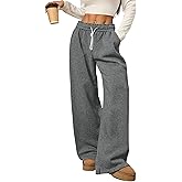 ZAFUL Women's Fleece Lined Sweatpants Foldover Waistband Drawstring Wide Leg Sweat Pants Warm Lounge Pants with Pockets Dark Grey L