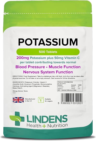Lindens Potassium 200mg 500 Tabs with Vitamin C 50mg UK Made Vegan