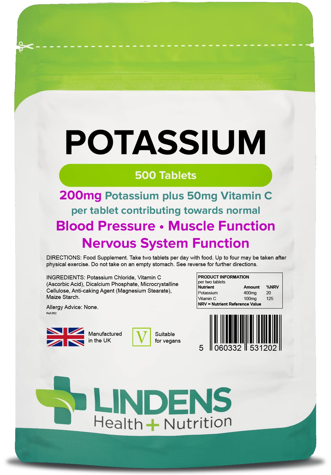 Lindens - Potassium 200mg, 500 Tablets - with 50mg Vitamin C Per Tablet - UK Made - Contributing to Normal Blood Pressure, Muscle and Nervous System Function - Letterbox Friendly, Vegan