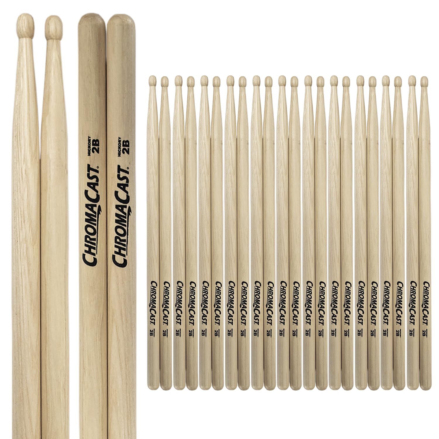 ChromaCast 2B USA Made Hickory Drumsticks Pair – Wood Tipped – Drum Sticks Tour Tested by Pro Drummers – Real American Hickory Wood