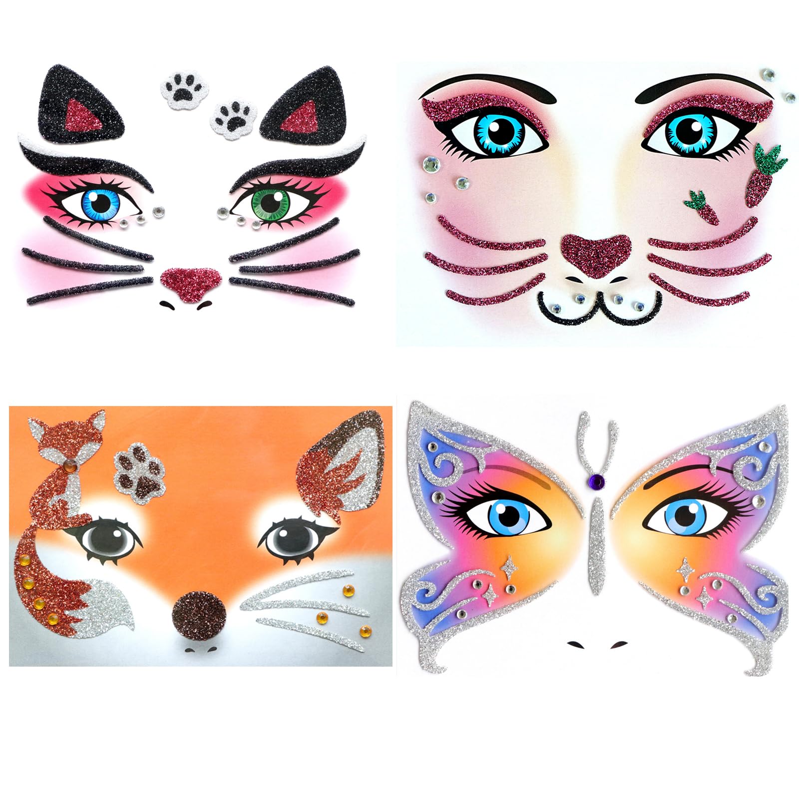 Nirbffo Face Sticker Cat Butterfly Rabbit Fox Butterfly Wings Stars Lightning Fairy Flower Festival Body Painting Decoration Temporary Face Tattoos Party Stickers for Women Pack of 4