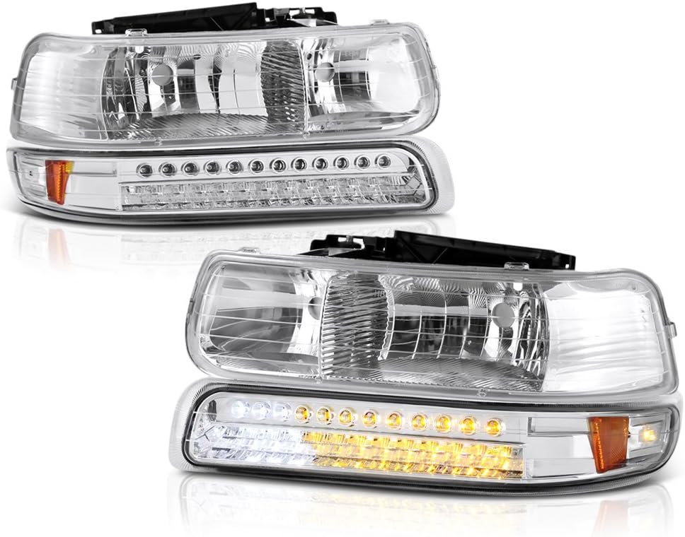 VIPMOTOZ For 1999-2002 Chevy Silverado 1500 2500 3500 Headlights - Metallic Chrome Housing, LED Daytime Running Lamp Strips, Driver and Passenger Side