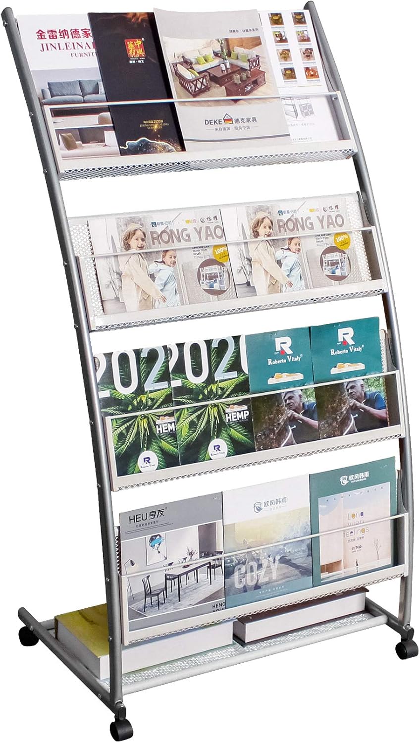 GBOLE Floor-Standing Magazine Rack, Brochure Display Stand with 4 Pockets for Trade Show Exhibitions Office Retail Store with casters Easy to Move Great Quality Easy to Assemble 44.1" H (Silver) : Office Products