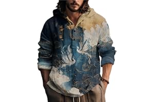 MARSVOVO Mens Japanese Art Long Sleeve Hooded Shirts Lightweight Quarter Button Hoodie Casual Cool Tops for Spring Fall