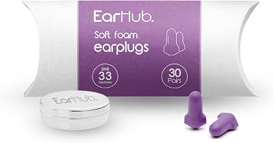 EarHub Soft Foam Earplugs 33dB Purple 30 Pairs Hearing Protection