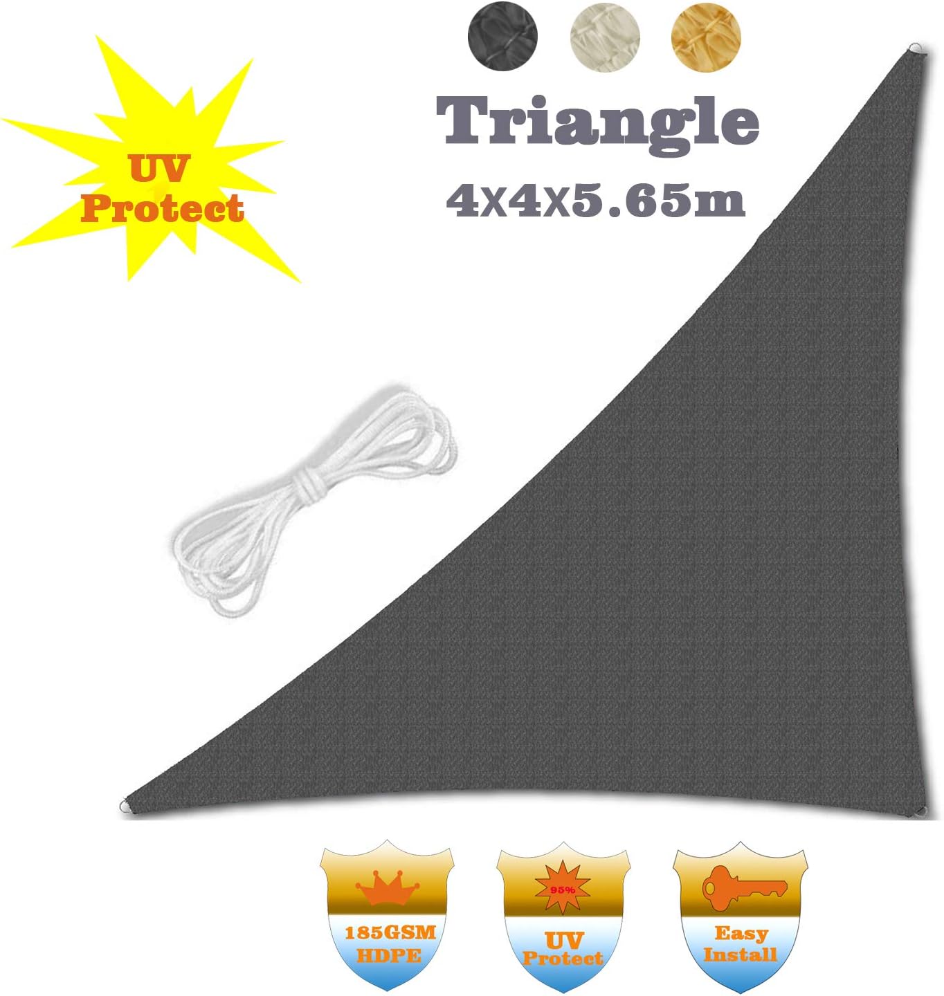 HENG FENG Sun Shade Sail Triangle 4x4x5.65m HDPE Canopy Awning Sunscreen with 95% UV Block for Outdoor Patio Garden Anthracite - Image 3