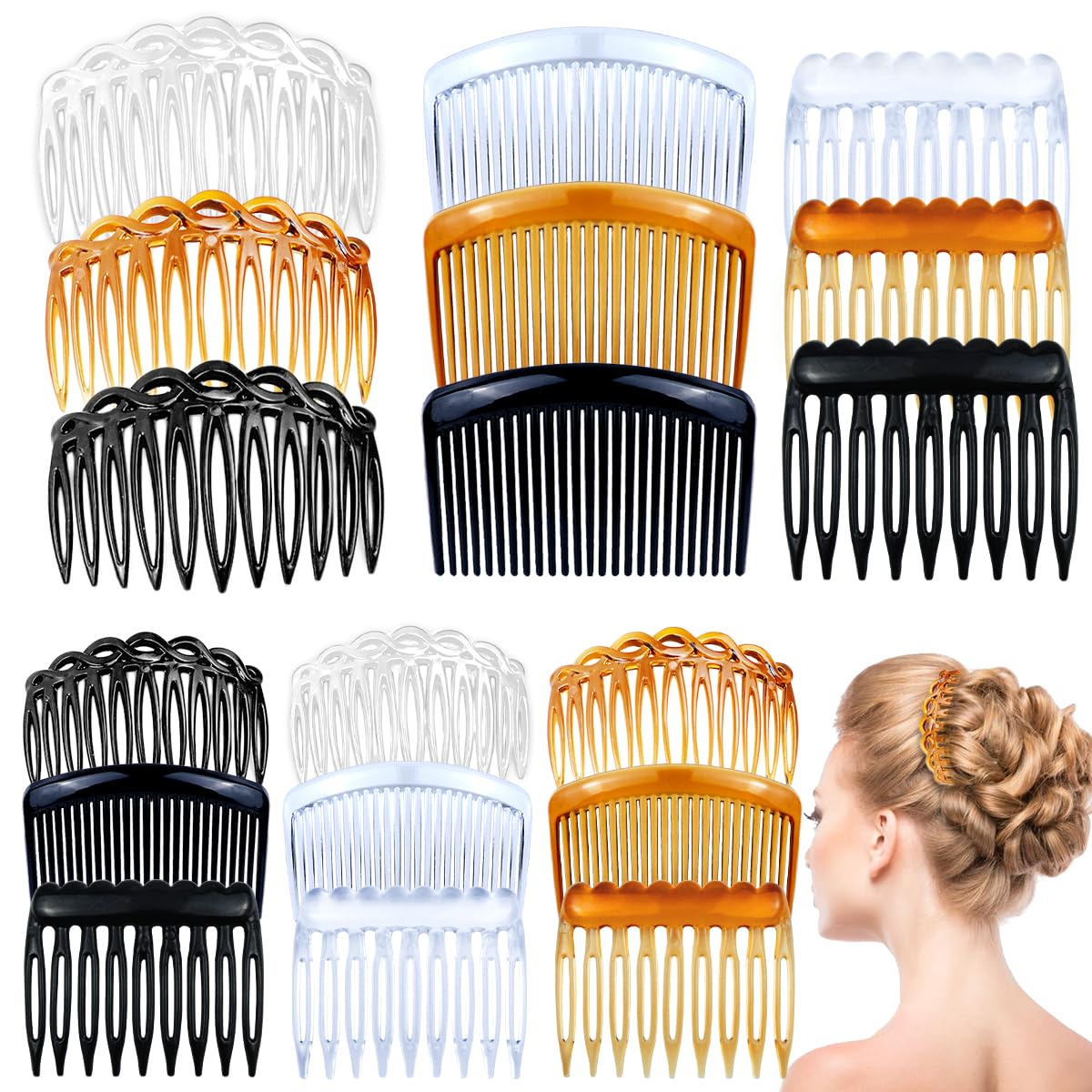Photo 1 of 18-Piece Twist Hair Comb Set for Girls & Women - Plastic Hair Clips with 9/11/25 Teeth for Multiple Hairstyles (Black, Transparent, Brown)