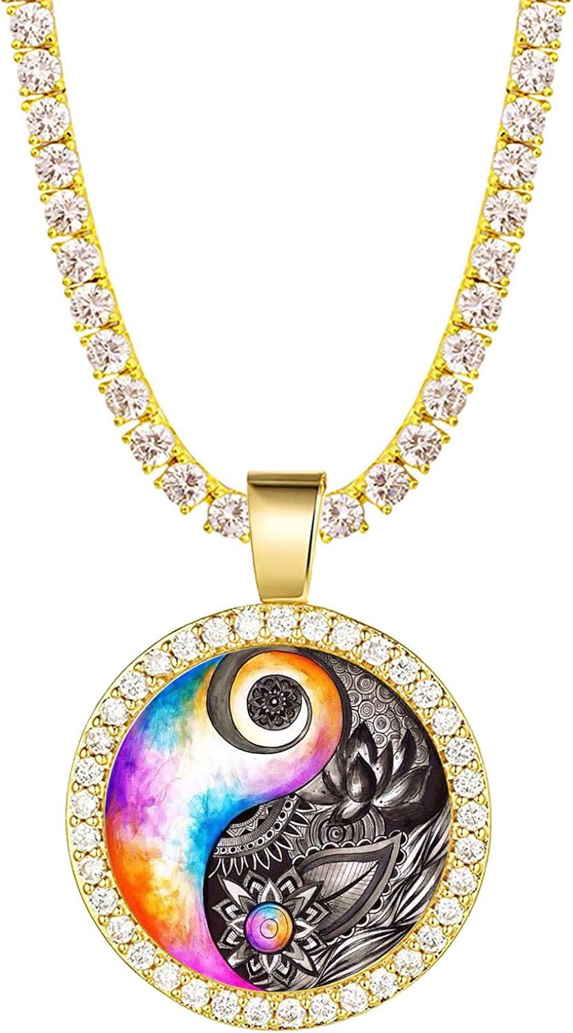Yin Yang Flower Pendant & Necklace with 3mm Tennis Chain Gold Color 5A Cubic Zircon Necklaces