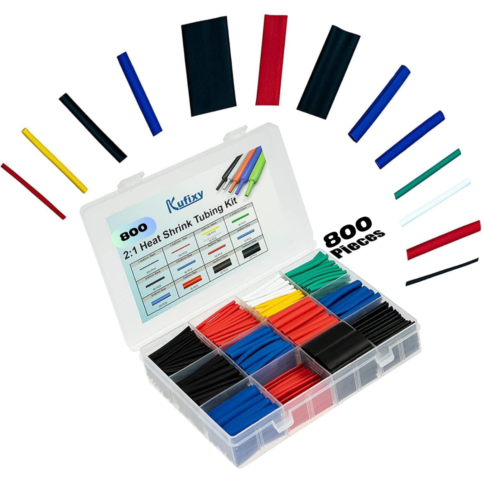 Kufixy 2:1 Heat Shrink Tubing Kit 800 PCS (6 Colors, 13 Sizes) Waterproof Heat Shrink Sleeves for Fixing and Protecting a Variety of Components from all Hazards(Multicolor)