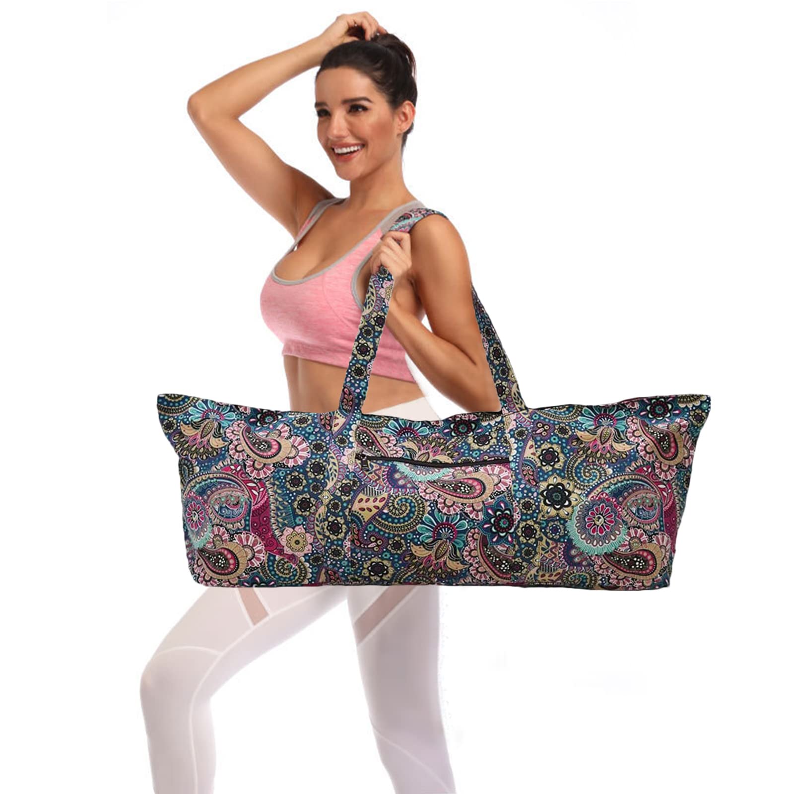 Qlckyed Flower Pattern Zipper Yoga Mat Bag Duffle Bag Large Multipurpose Exercise Yoga Mat Bag and Yoga Mat Tote Bag Strap Zipper Pockets