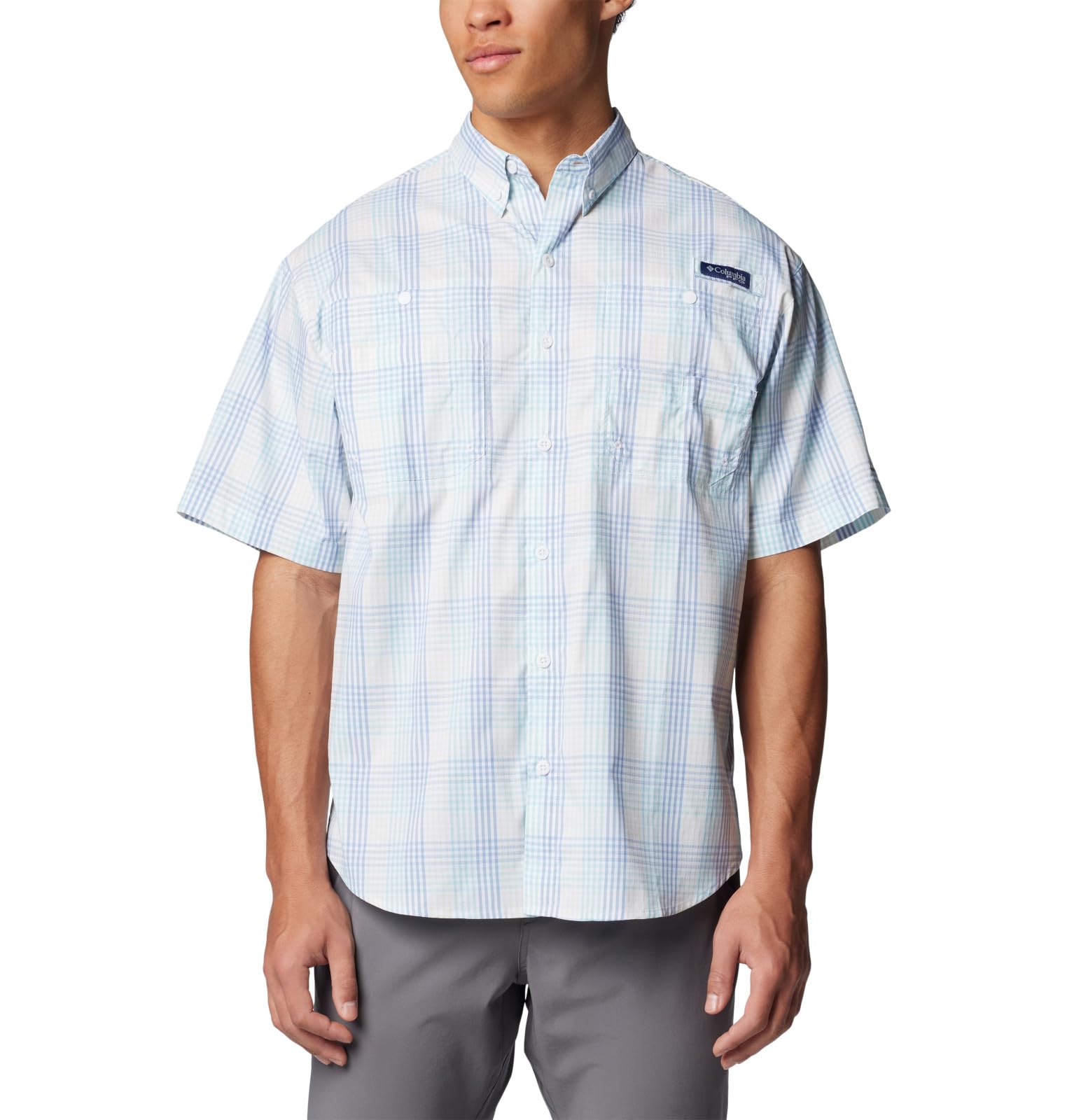 Columbia Men’s PFG Super Tamiami Short Sleeve Fishing Shirt, Glaze Green Multi Gingham, Medium