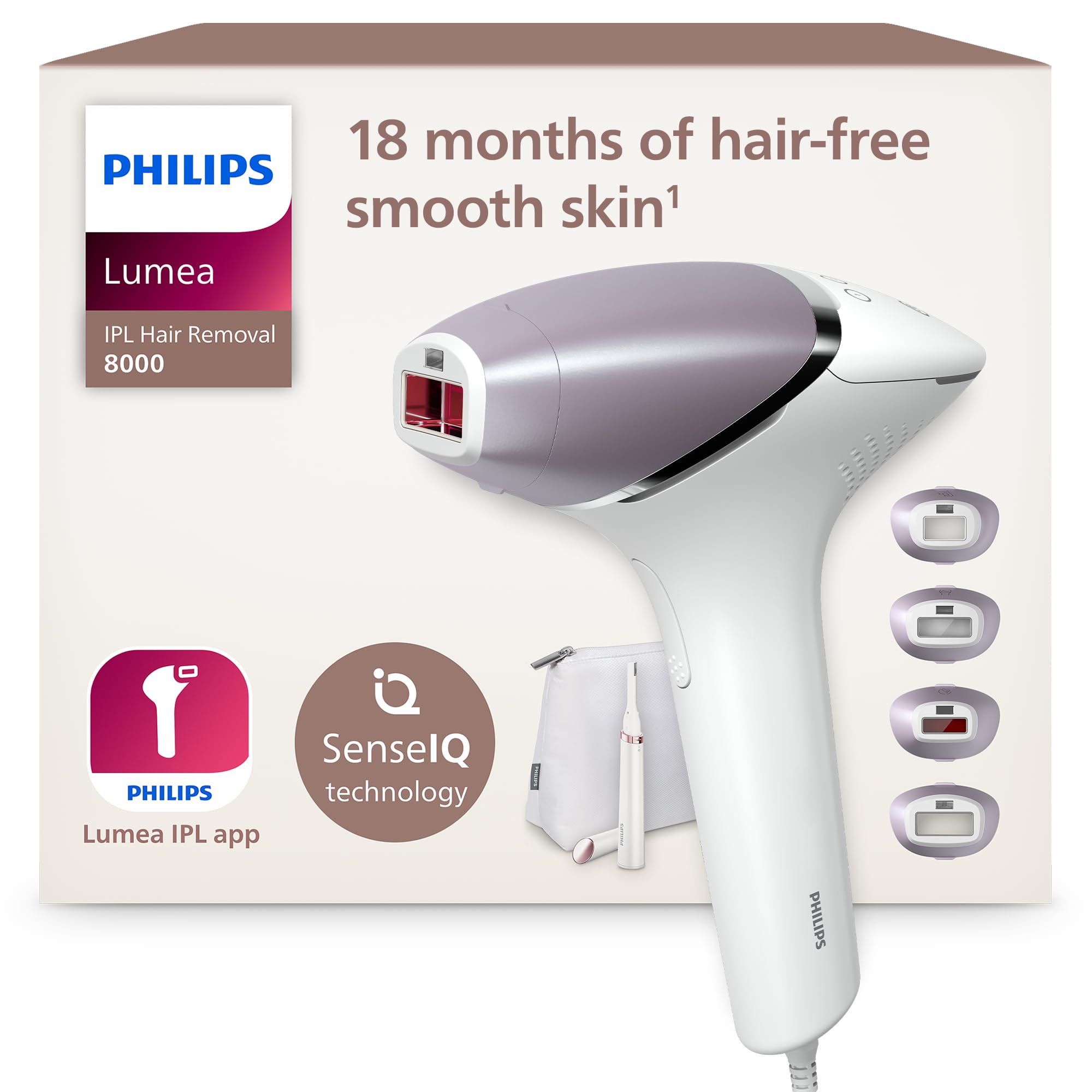 Philips Lumea IPL Series 8000 – IPL-Gerät zur Haarentfernung, Alternative zur Laser-Haarentfernung, inkl. Trimmer und 4 Aufsätzen für Körper, Gesicht, Bikinizone & Achseln (BRI949/00)
