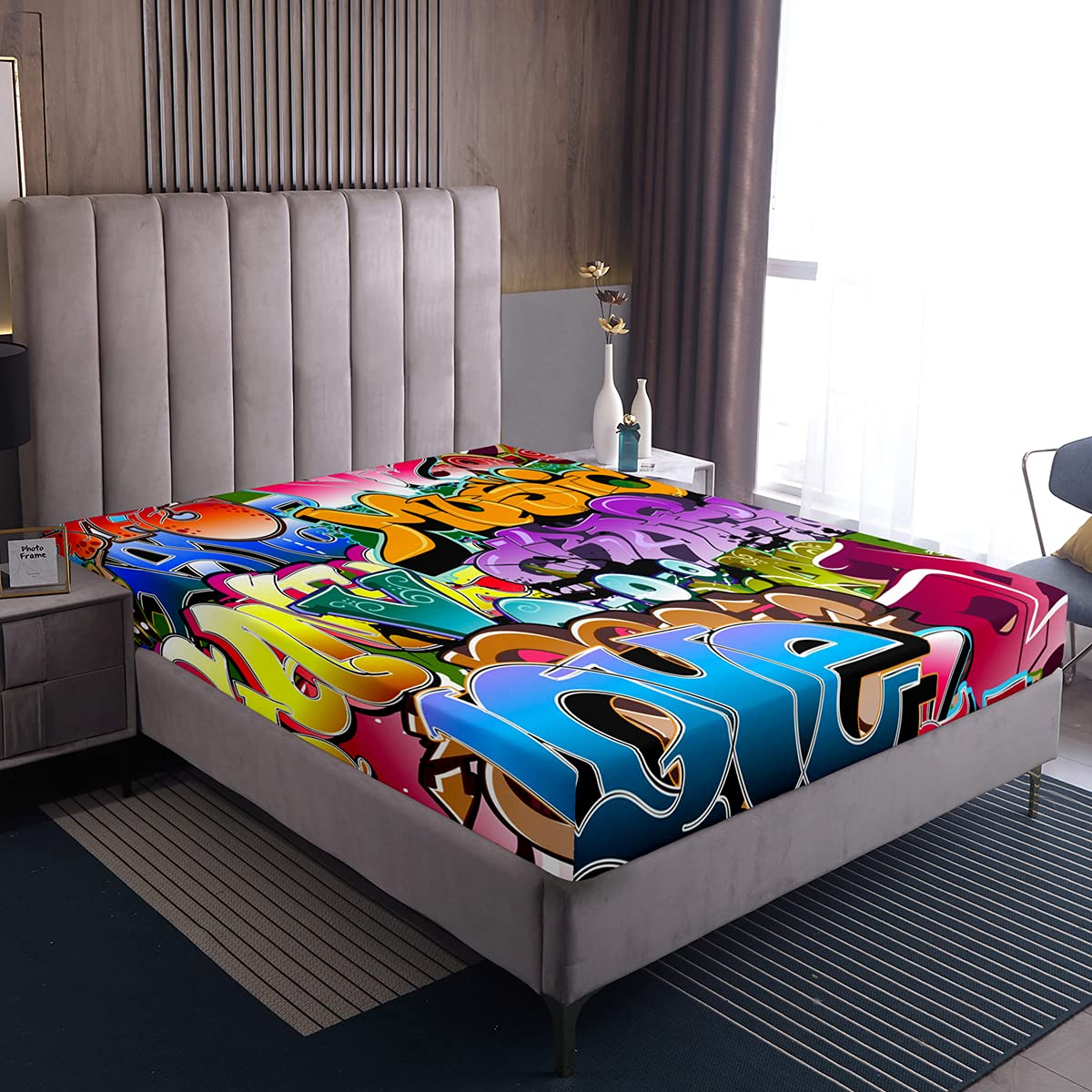 Loussiesd Graffiti style fitted sheet kids hip hop theme fitted sheet double for boys teenagers youth illustration, man bed sheet box spring bed sheet street culture print 100% microfiber