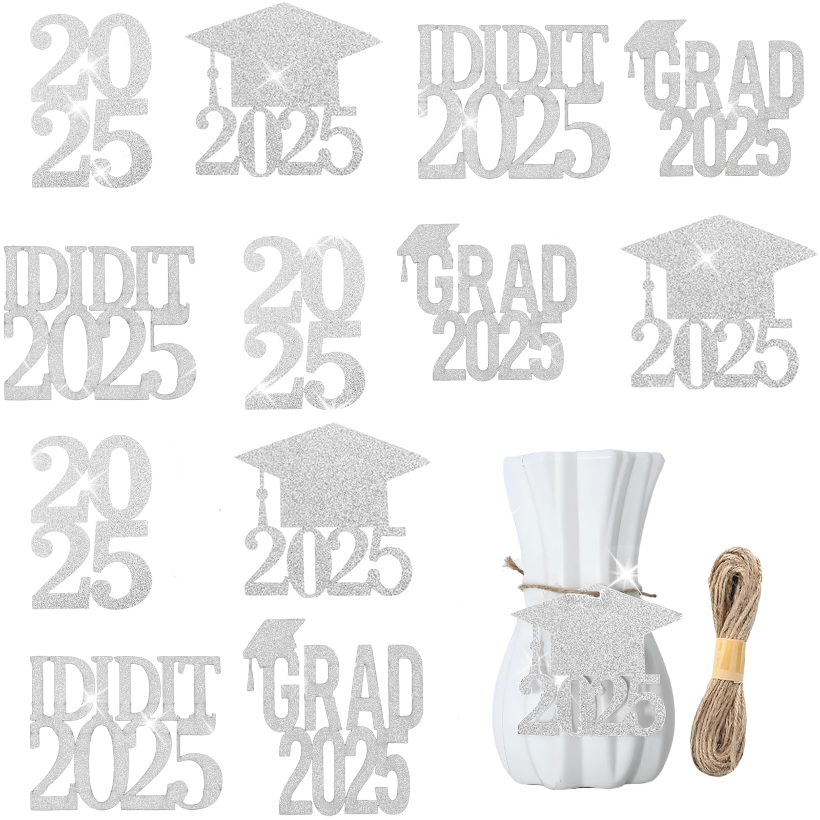 Photo 1 of 12 Pcs Double Side Glitter 2025 Cutouts Tags 2025 Graduation Centerpiece with Burlap Rope for Graduation Party Table (Silver)