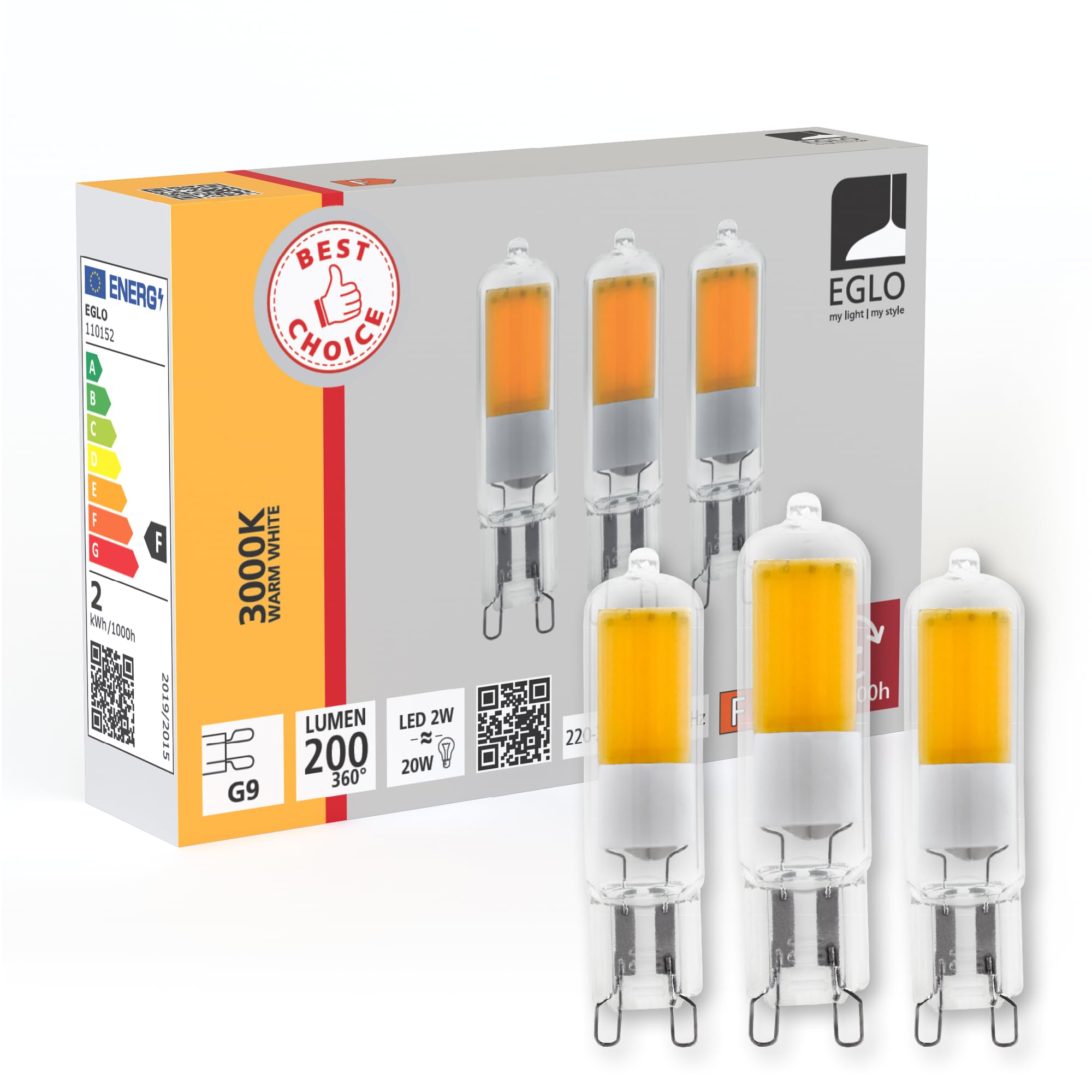 Eglo LED Light Bulb, Set of 3 pin Base G9 Lamps, Plug-in Lightbulbs, 2 watts Each (Equivalent to 25 watts), Warm White Light Source, 3000 K, Bulb pin Ø 1.5 cm