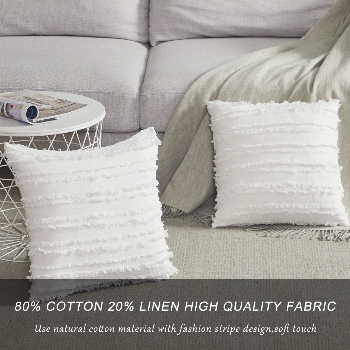 GIGIZAZA Decor Throw Couch Pillow Covers,18x18 Cotton White Sofa Pillows,Square Sofa Cushion Covers Linen (White, 18x18inch-2pcs): Home & Kitchen
