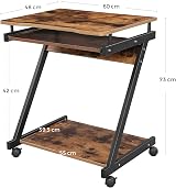VASAGLE Songmics Z Shape Computer Desk 60x48x73 cm Vintage Brown Wheels view 3