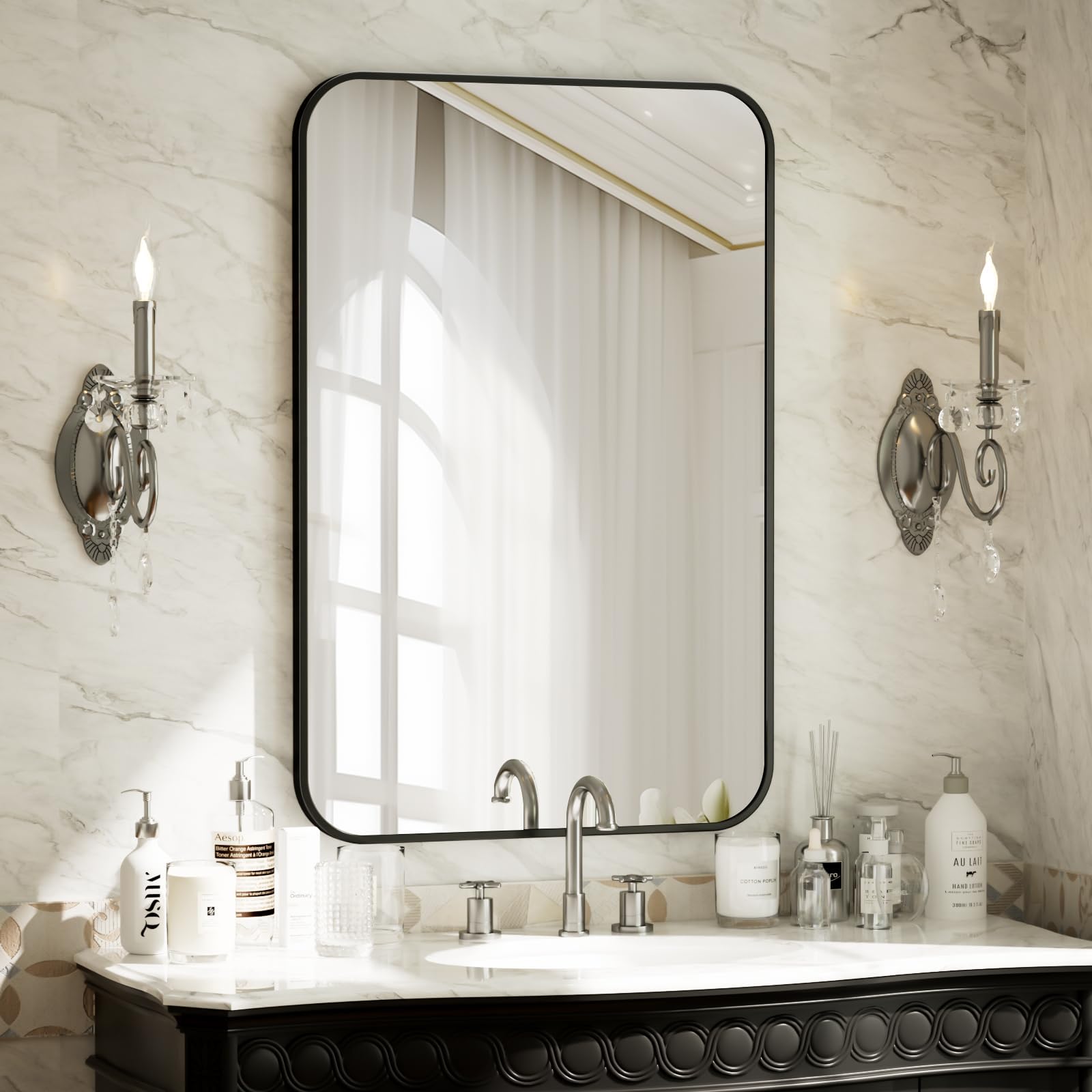 Photo 1 of ** SIMILAR ** BEAUTYPEAK  Rectangular Aluminum Alloy Frame Wall Mounted Bathroom Mirror with Rounded Corners, Black
