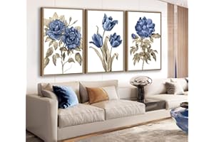 LINGLINGDOG Large Framed Canvas Wall Art - Natural Float Framed Rustic Indigo Flowers Pictures Decor Light Brown Leaves Artwork Paintings for Bedroom Living Room Kitchen Home Office Decoration 48" X 24" Set of 3