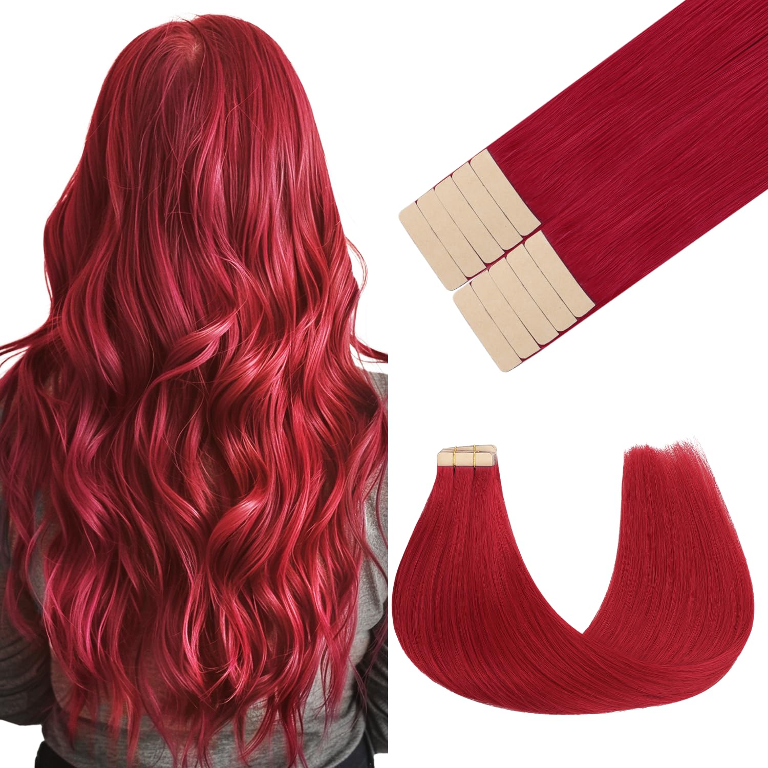 GOO GOO Tape in Hair Extensions Human Hair, Red 10pcs 25g 16inch, Colored Tape ins Human Hair Extensions, Silky&Soft Invisible Tape Ins, Straight Remy Hair Highlighted for Party โ image 1
