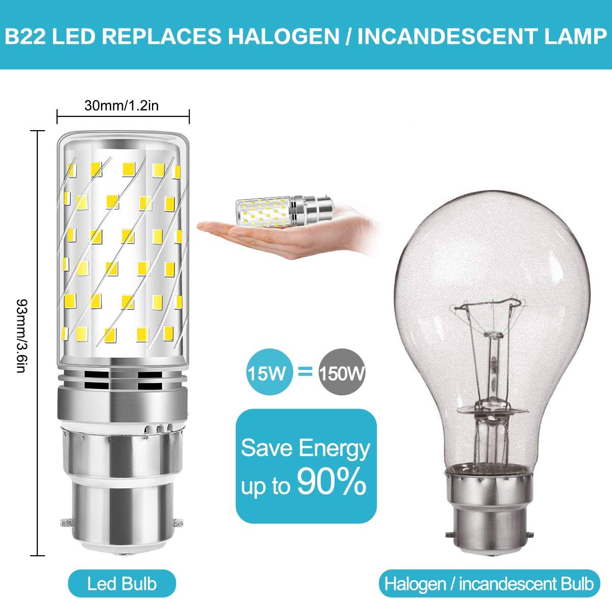 Tailcas B22 LED Bayonet Light Bulbs, 12W Bayonet LED Bulb 6000K Daylight White (Equivalent 100W 150W), 1000Lumen - Image 3