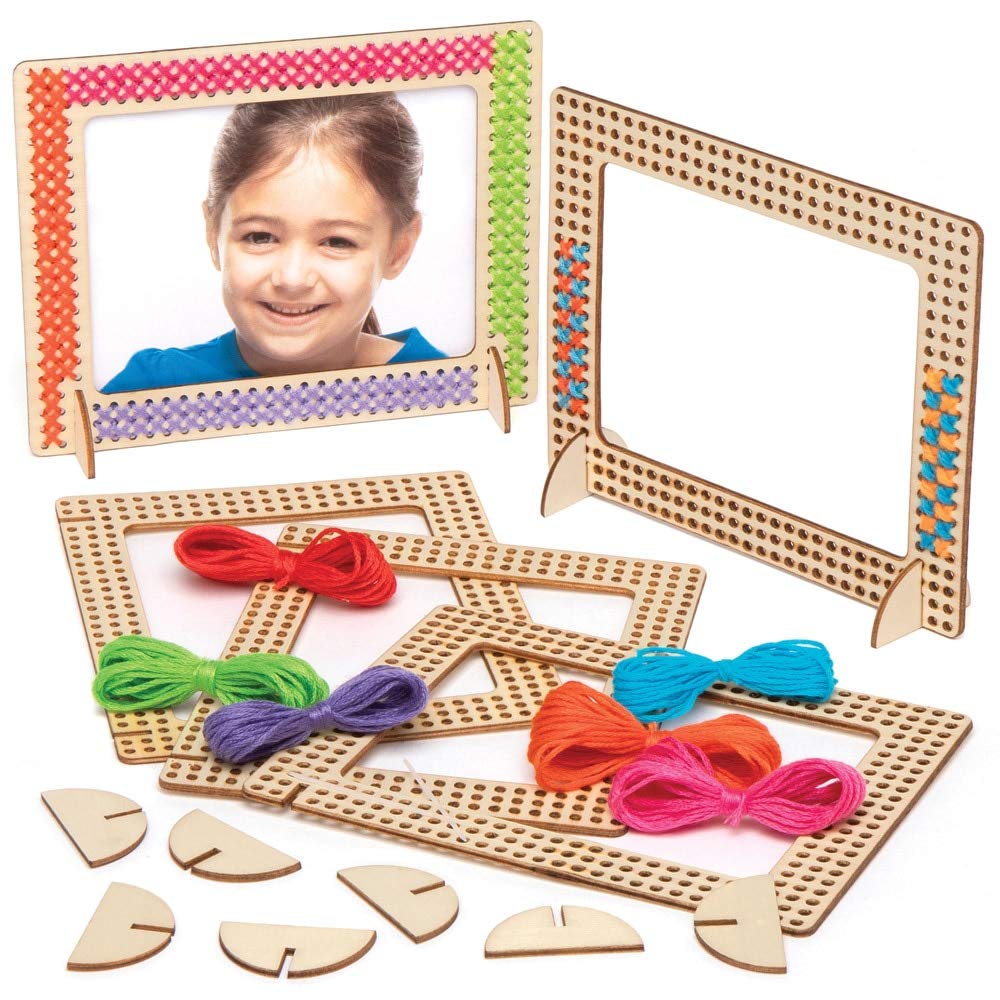 Baker Ross AT809 Cross Stitch Wooden Photo Frame Kits, Cross Stitch for Beginners and for Kids Arts and Crafts Projects (Pack of 4), Assorted, Blue,Green,Orange,Pink,Purple,Red