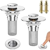 2PCS Bathroom Sink Stopper Strainer, Pop-Up Bathroom Sink Drain Strainer with Removable Stainless Steel Hair Catcher Basket, Universal Fit for US Bathroom Sinks, Bathtubs, Showers & Floor Drains