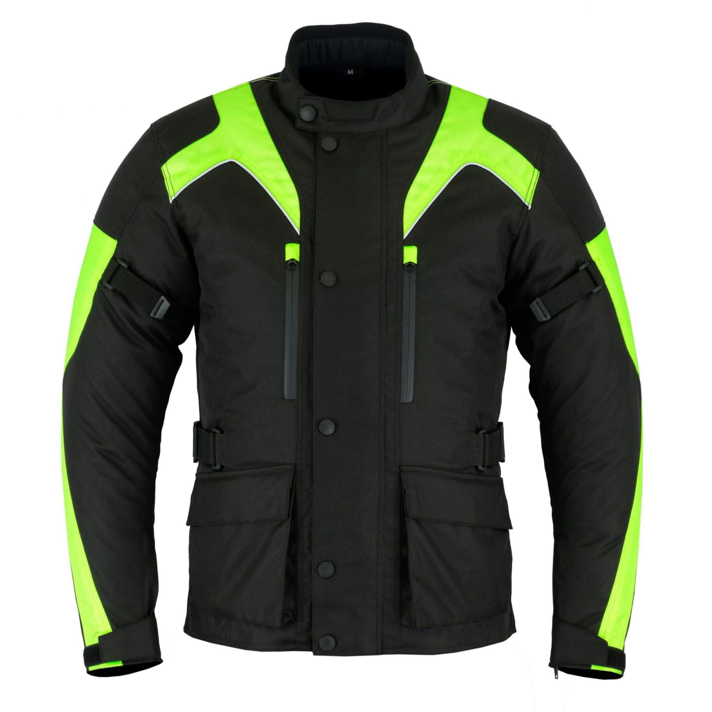 Sterling Sports® Mens Waterproof Jackets CE Armoured Motorcycle Men's - Quick Dry Motorbike Jacket for Summer or Winter Riding - Textile Cordura Polyester (Black High Viz, Large (40-42)